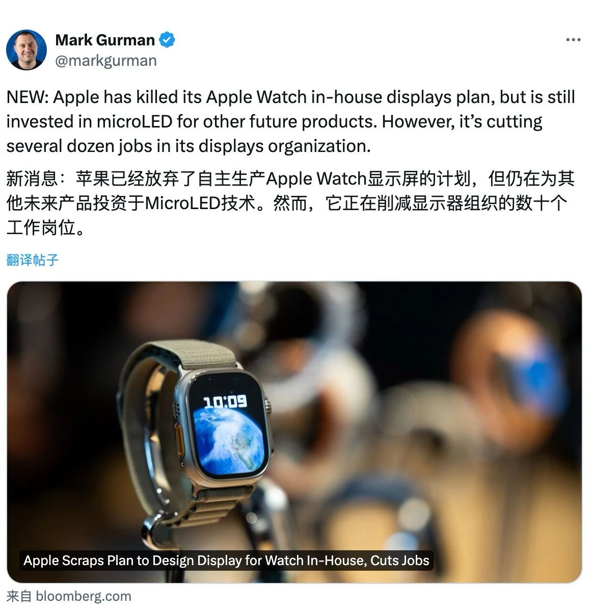 苹果已取消其Apple Watch内部显示屏